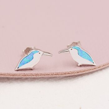 Sterling Silver Opal Kingfisher Bird Stud Earrings, 3 of 11