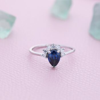 Pear Cut Sapphire Blue Cz Crown Ring In Sterling Silver, 2 of 12