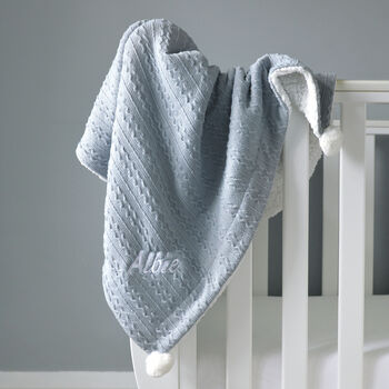 Personalised Twins Dusty Blue Cable Knit Pom Pom Blankets, 3 of 11