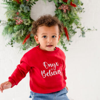 Personalised 'Believes' Christmas Embroidered Sweatshirt Jumper, 2 of 5