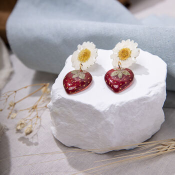 Strawberry And Daisy Pressed Flower Resin Earrings, 2 of 4