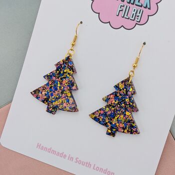 Large Dark Blue, Gold And Pink Glitter Christmas Tree Earrings, 2 of 4