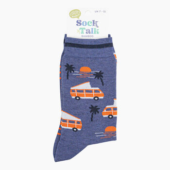 Men's Bamboo Socks Denim Blue Campervan Beach, 4 of 4