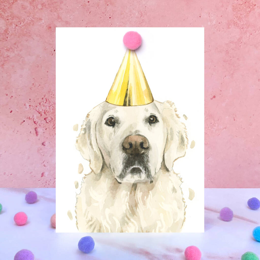 Cream Golden Retriever Pompom Birthday Card By Robert James Hull 