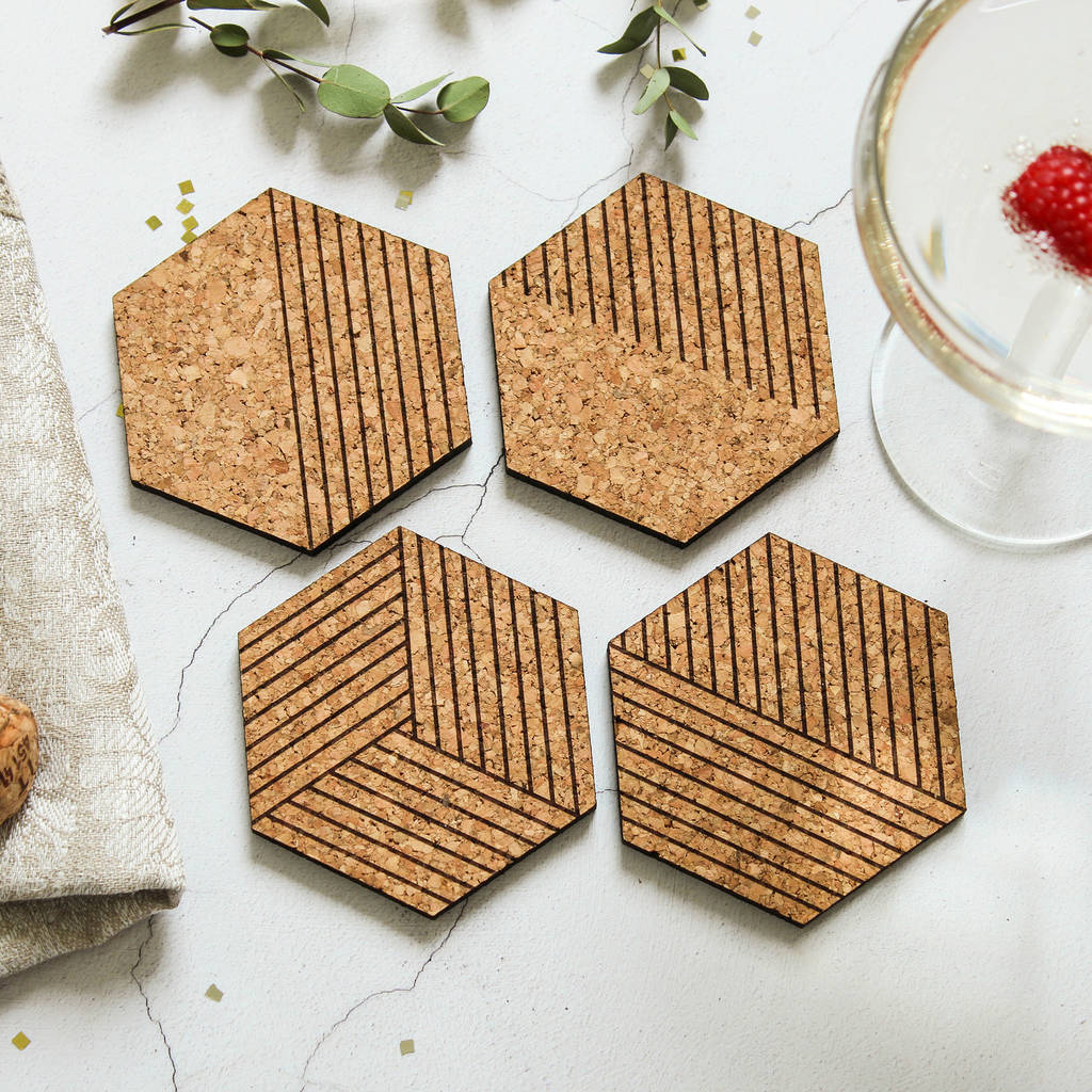 Cork Coasters Set Of Four, Cork Hexagons By Rocket and Fox