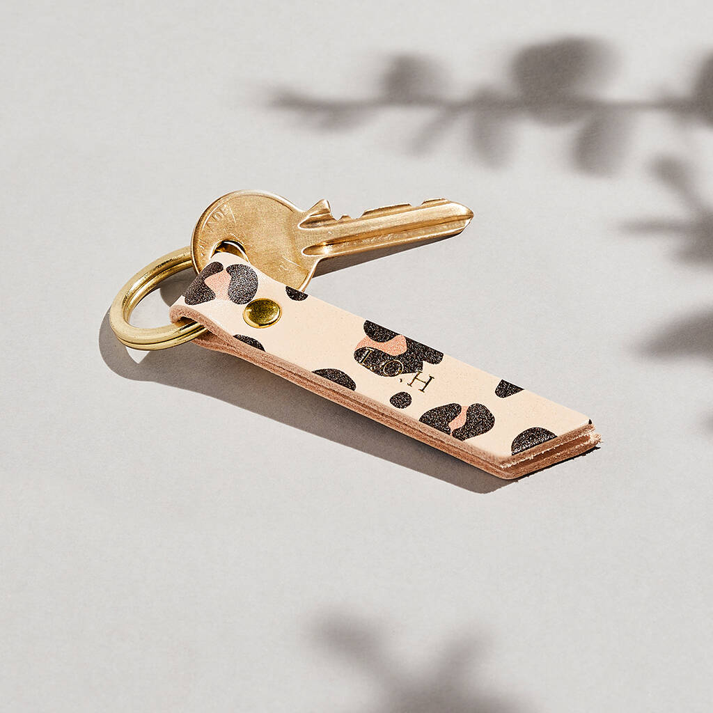 Image of Personalised Leopard Print Keyring Natural Leather