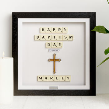 Personalised Wooden Cross Baptism Keepsake Frame With Scrabble, 6 of 9