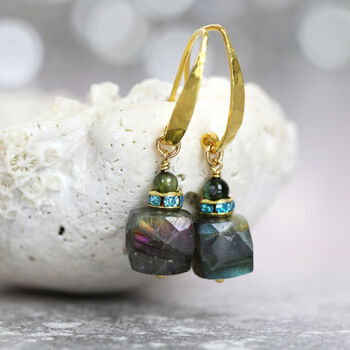 Hammered Gold Labradorite Cube Earrings, 6 of 10
