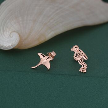 Mismatched Scuba Diver And Manta Ray Stud Earrings In Sterling Silver, 5 of 12