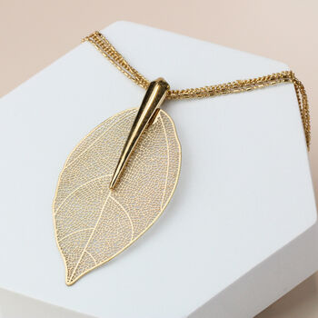 Rose Gold Leaf Pendant Long Triple Chain Necklace, 2 of 5