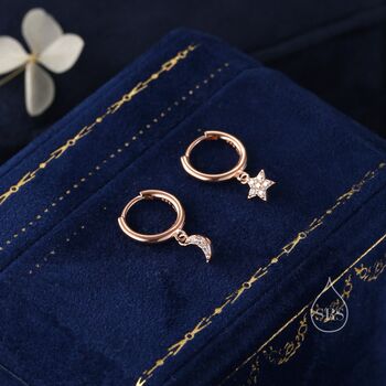 Moon And Star Cz Dangle Huggie Hoop Earrings, 7 of 12