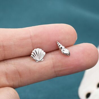 Sterling Silver Mismatched Tiny Seashell Stud Earrings, 6 of 11