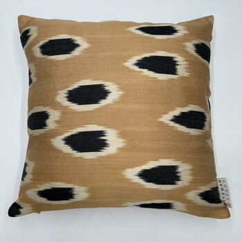 Square Ikat Silk Cushion Camel And Black Spot, 5 of 9