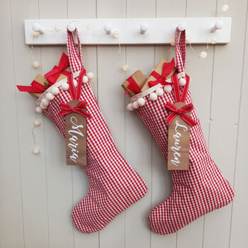 Personalised Red Check Gingham Christmas Santa Stocking, 5 of 9