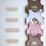 Safari Personalised Baby Dungarees Romper | Personalized Gift Lion, Unicorn, Giraffe, Cow, Sheep, Bunny, Teddy Or Goose, thumbnail 4 of 8