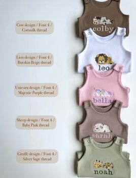 Safari Personalised Baby Dungarees Romper | Personalized Gift Lion, Unicorn, Giraffe, Cow, Sheep, Bunny, Teddy Or Goose, 4 of 8