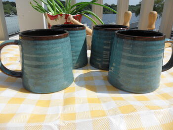 Set Of Four Reactive Glaze Brûlée Mugs In Lagoon Blue And Dark Chocolate, 2 of 7
