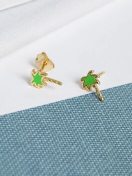 18 K Gold Plated Green Enamel Palm Tree Stud Earrings, 4 of 9