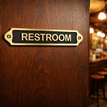 Classic Brass Restroom Door Plaque With Black Finish, 4 of 6