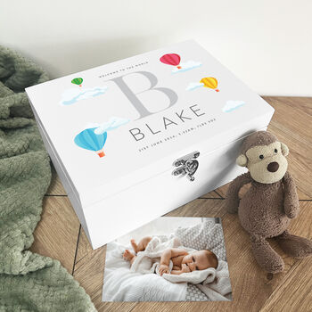 Personalised Hot Air Balloon Baby White Keepsake Box Three Sizes, 4 of 10