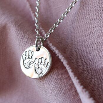Round Personalised Silver Handprint Footprint Necklace, 3 of 6