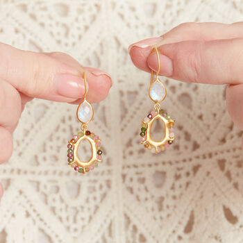Moonstone Teardrop Tourmaline Beaded Drop Earrings, 5 of 8