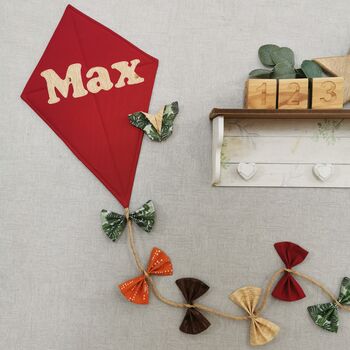 Kite Wall Hanging, Woodland Theme Bedroom, Whimsical Autumnal Nursery Decor, Red Brown Orange Green Yellow Door Name Sign, Child's Playroom, 10 of 12
