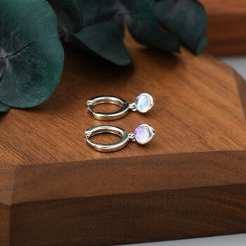 Sterling Silver Dangle Moonstone Huggie Hoop, 5 of 12