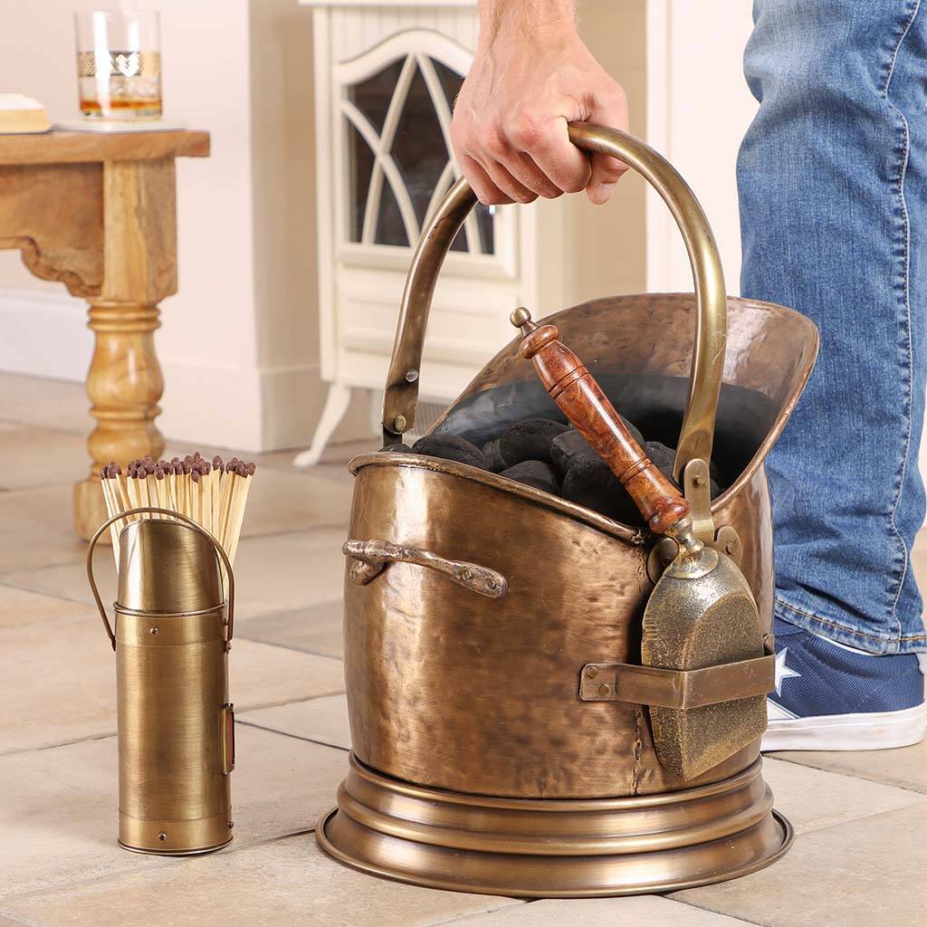 Footed Brass Fireside Coal Scuttle With Shovel By Dibor