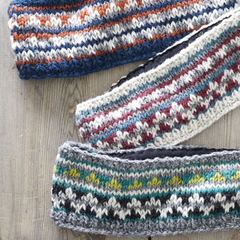 Fair Trade Fair Isle Knit Wool Lined Earwarmer Headband, 9 of 11