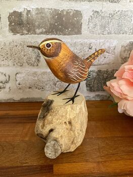Hand Carved Wooden Wren Ornament Garden Bird Figurine, 4 of 10