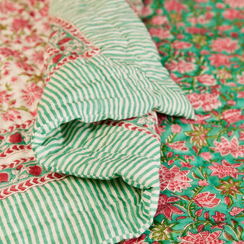 Green Sanganeri Block Print Reversible Quilt Boho, 5 of 7