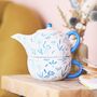 Blue Debossed Floral Teapot And Cup Set, thumbnail 4 of 5