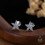 Sterling Silver Tiny Aquamarine Blue Cz Flower Internally Threaded Flat Back Earrings, thumbnail 1 of 12