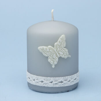 G Decor Emilie Butterfly Grey Lace Pillar Candle, 2 of 5