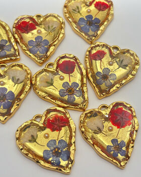 Real Blue Red Flowers Pendant Gold Leaf Earrings Hand Made, 4 of 9