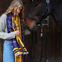 Equestrian Snaffle Bit Print Scarf | Navy Blue And Yellow, thumbnail 5 of 6