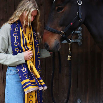 Equestrian Snaffle Bit Print Scarf | Navy Blue And Yellow, 5 of 6