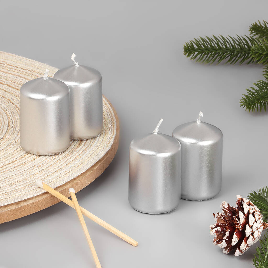 G Decor Set Of Four Varnished Silver Pillar Candles, 1 of 5