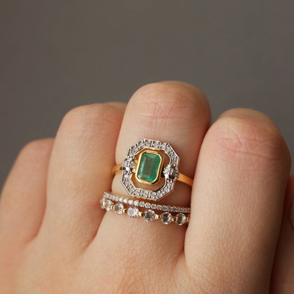 14k Gold Vermeil Diamond Halo Ring In Emerald, 1 of 7