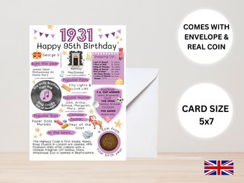 95th Birthday Card With 1931 Coin And Envelope Choose Your Colour, 3 of 3