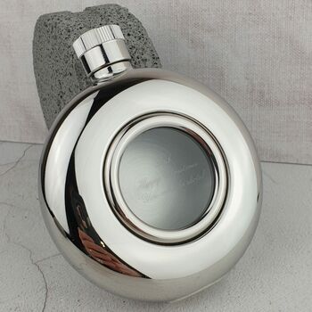 Engraved Glass Personalised Round Window Hip Flask, 2 of 7