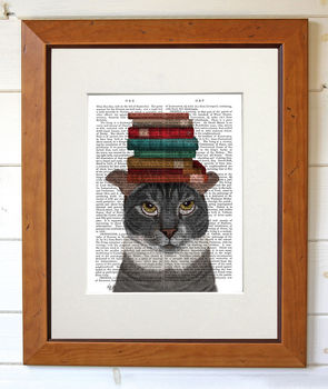 Grey Cat With Books, Book Print, Framed Or Unframed, 4 of 6