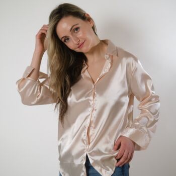 Beige Silk Satin Plain Long Sleeve Loose Shirt, 2 of 6