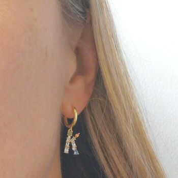 Gold Plated 925 Silver Crystal Initial Hoop Earrings, 5 of 12