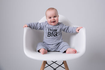 Baby Sleepsuit, Think Big, Cotton Babygrow, Baby Gift Grey And Pink, 4 of 4
