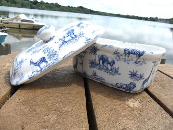Lidded Butterdish In Blue Safari Design, 5 of 9