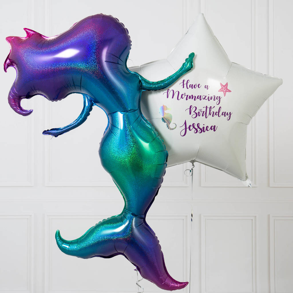 Inflated Personalised Holographic Mermaid Balloon Bunch By Bubblegum Balloons