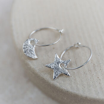 Sterling Silver Mismatch Star And Moon Charm Hoops, 4 of 8