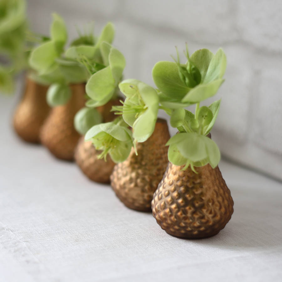 metallic copper, bronze and gold bud vases set of five by the wedding